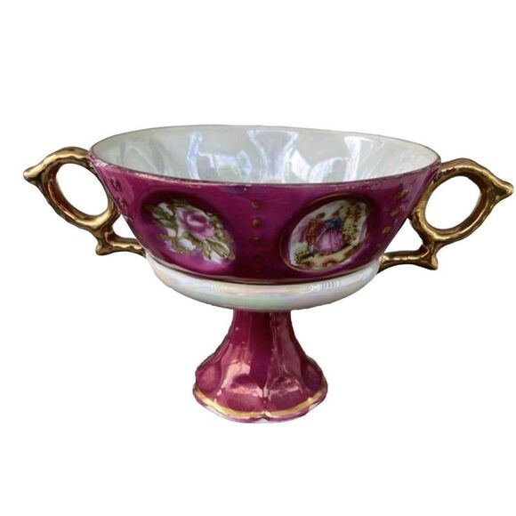 Royal Sealy China Double Handle Footed Cup Lusterware Dancing Couple Roses VTG - Picture 1 of 11